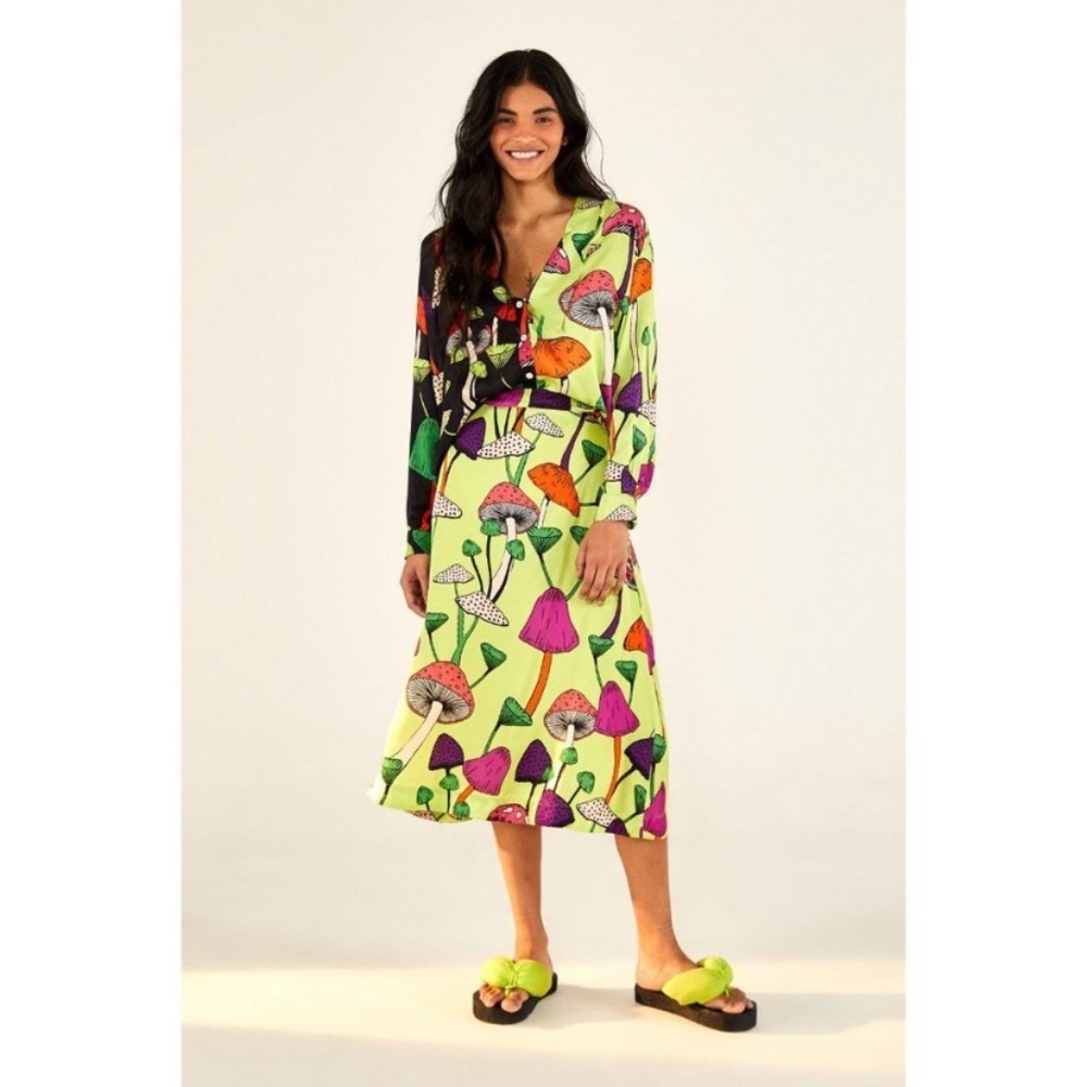 Farm Rio Lime Mushrooms Midi Skirt Various Sizes New Without Tags Xs,M,L,Xl